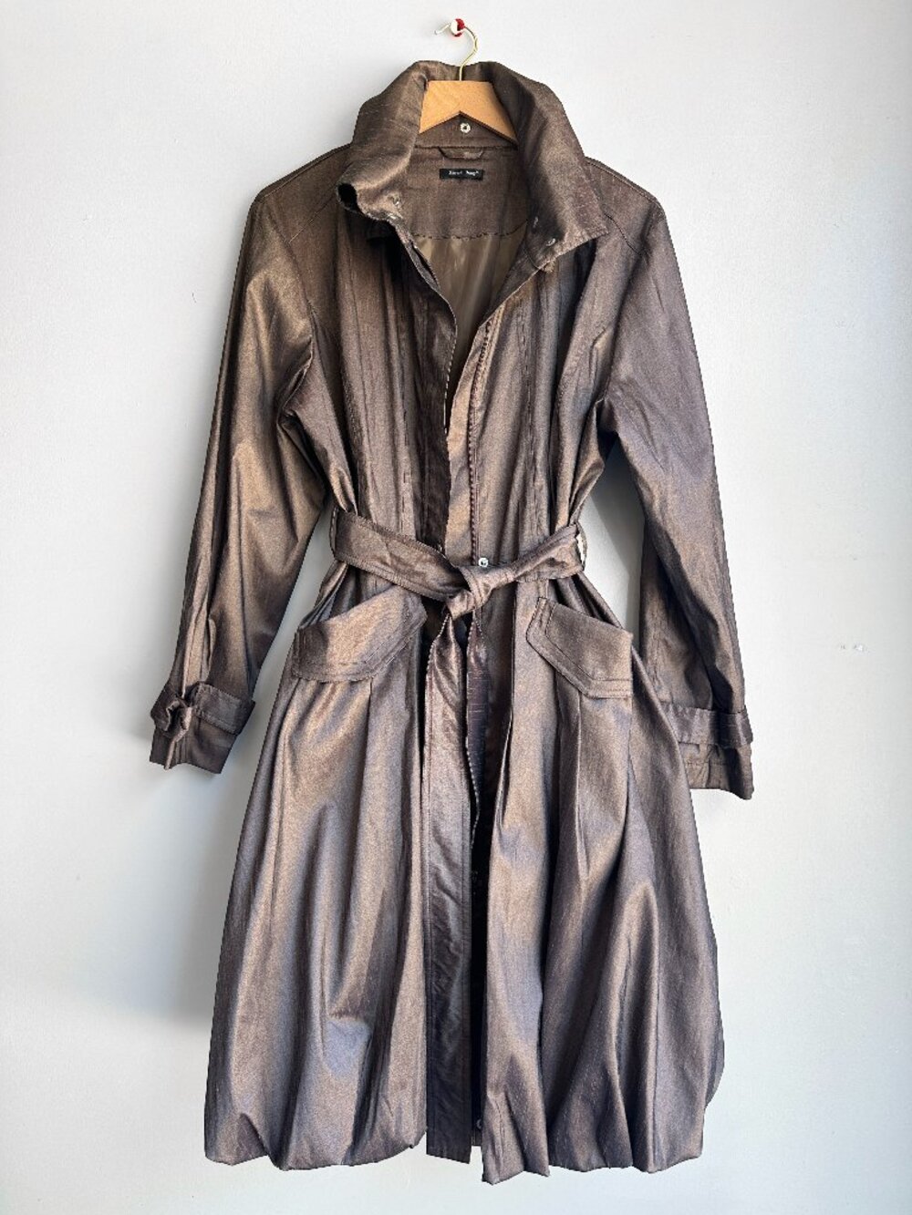 NWT Samuel Dong Metallic Bronze Iridescent Bubble Hem Trench Coat